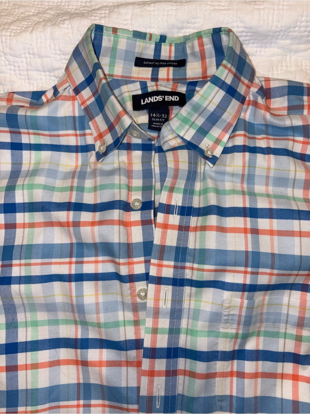 Lands' End Men's Blue, Orange, Green Plaid Button-Down Shirt 14.5 - 32